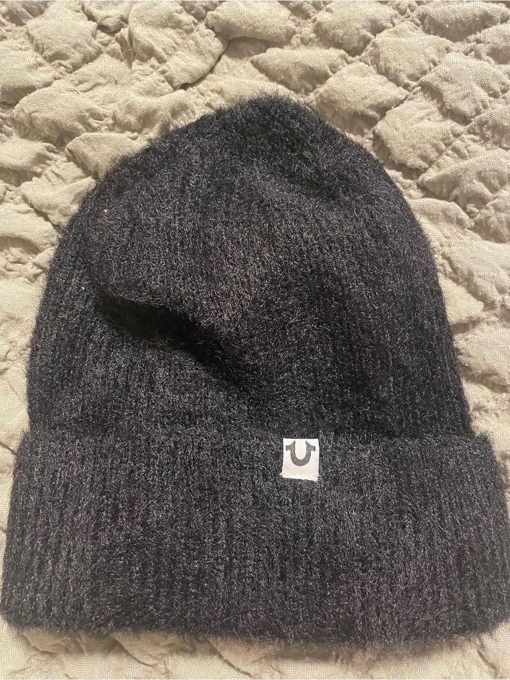 True Religion Charcoal Black Ribbed Knit Beanie with Logo Patch